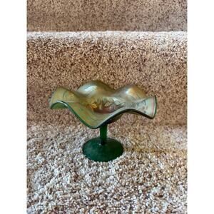 Vintage Fenton green carnival glass candy dish